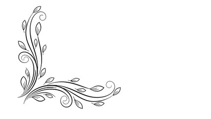 Fototapeta premium Graceful Simple Leafy Floral Scroll Corner Ornament in Black on Isolated White Background