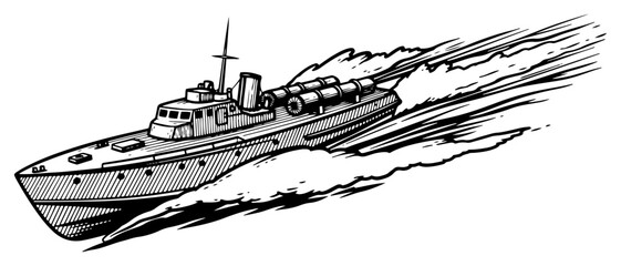 Fototapeta premium retro woodcut illustration of a military torpedo boat speeding through waves in the ocean