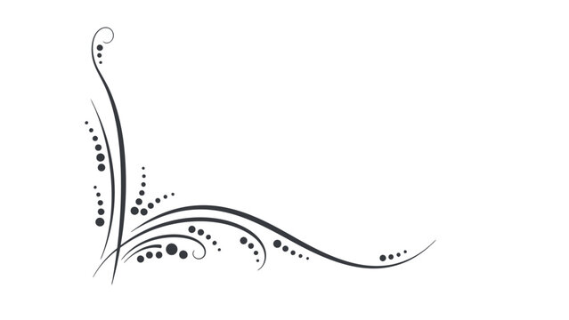 Elegant black floral design element with swirling lines and dots.