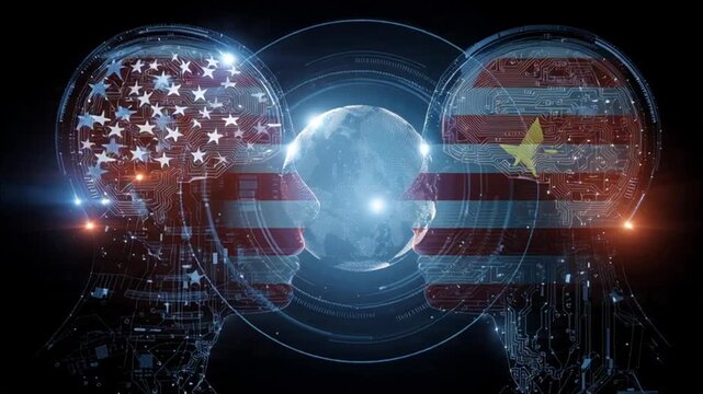 Futuristic technology interface showing two heads with flag patterns and planetary data analytics