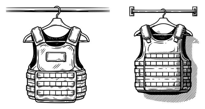 sketch illustration of tactical military body armor hanging on a rack