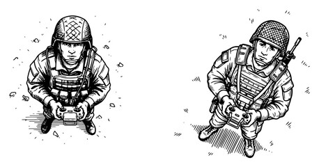 overhead view of military soldiers operating drone controllers in woodcut style © AnjaliDesai