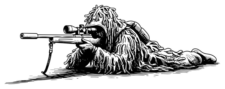 Military sniper in camouflage ghillie suit aiming rifle while lying down