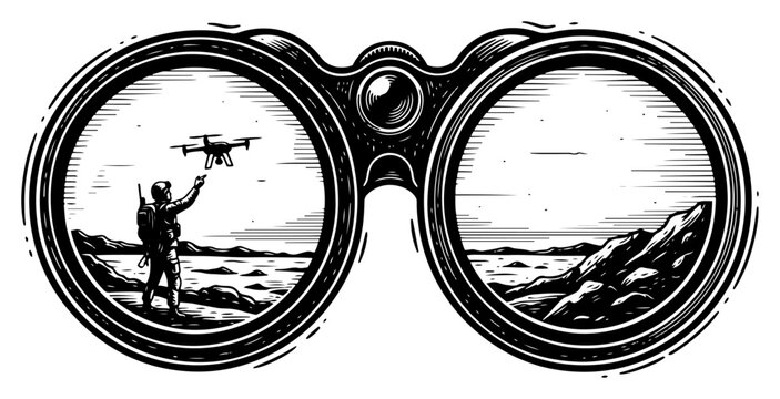 binocular view of a soldier pointing at a surveillance drone in the distance