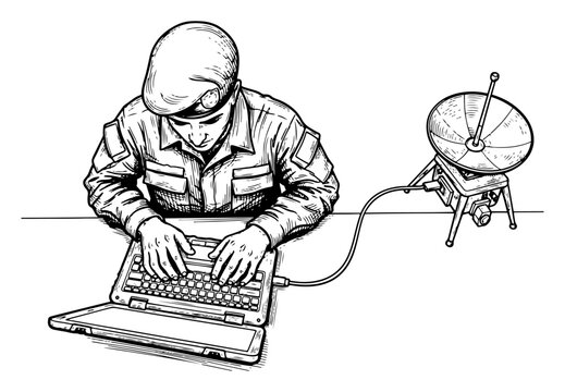 military soldier using a laptop computer connected to a satellite dish