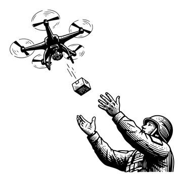 military soldier catching a supply package dropping from a flying drone