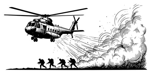 vintage woodcut illustration of military helicopter and soldiers running near dust cloud © AnjaliDesai