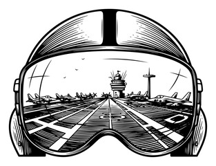 close up of a pilot helmet visor reflecting an aircraft carrier flight deck © AnjaliDesai