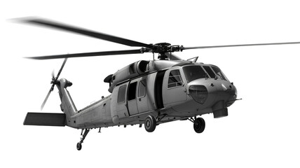 Military Helicopter in Monochrome with Dramatic Lighting on Isolated White Background for Editorial Use