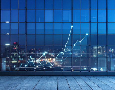 Financial data graph glowing over a night cityscape through a corporate window. Symbolizes economic growth, market success, and digital analytics for business marketing projects. - Powered by Adobe