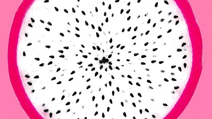 Captivating top-down close-up of a freshly sliced dragon fruit, showcasing its vibrant white flesh, numerous small black seeds, and bright pink skin, ideal for tropical and healthy concepts