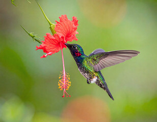 Obraz premium Stunning macro of a colorful hummingbird hovering near a red hibiscus. This vibrant image showcases the beauty of nature’s delicate balance, perfect for wildlife and ecothemed designs.