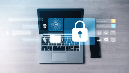 A sleek laptop displays artificial intelligence and cybersecurity graphics, highlighting modern technological advancements in digital security and data protection. Gantry