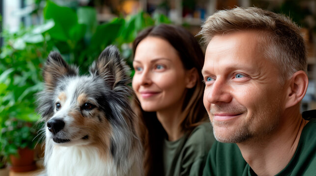Caucasian couple and their Shetland Sheepdog sitting together indoors and looking happily into the distance