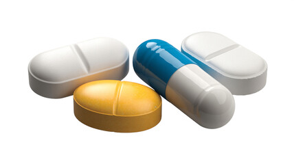 Pills and Capsules in Various Colors and Shapes on White Background in Bright Lighting for Pharmaceutical Advertising