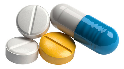 Pills and Capsule in Various Colors and Shapes in Close-up Shot with Soft Natural Lighting on White Background for Healthcare Advertising