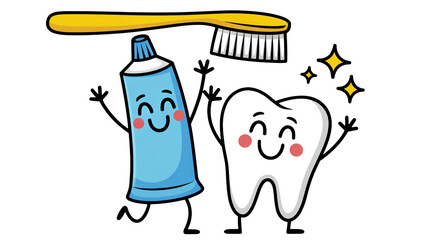 Cartoon Tooth Characters with Toothbrush and Toothpaste in Bright Colorful Illustration for Oral Hygiene Advertising