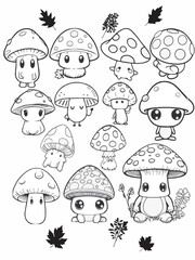Fototapeta premium Cute kawaii mushrooms line art coloring book illustration