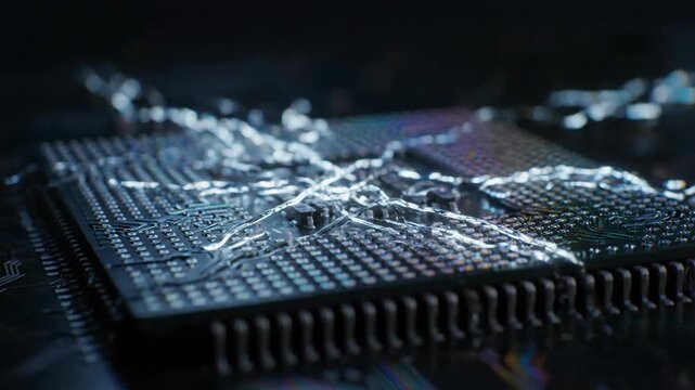 Macro shot of computer CPU, a central processing unit, showcasing advanced technology and microchip design for high-performance computing.