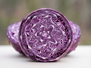 Macro Cross-Section of a Halved Red Cabbage Revealing Fractal Patterns