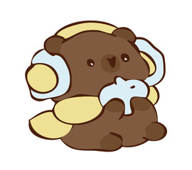 Fototapeta premium Cute kawaii bear listening to music with headphones