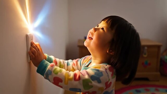 Cute Asian toddler looking at light switch on the wall in the home, child development and early learning concept.