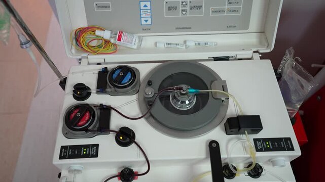 Hemodialysis tubes connected to a hemodialysis machine. Healthcare, blood purification, kidney failure, transplant. Device for performing blood purification procedures