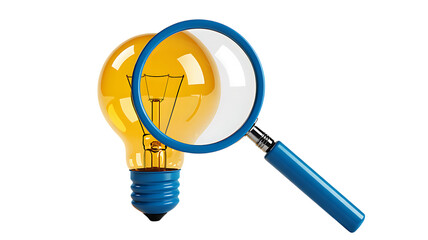Blue magnifying glass over a yellow light bulb on transparent background
