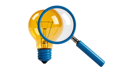 Blue magnifying glass over a yellow light bulb on transparent background
