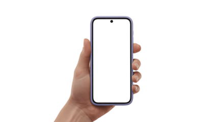Hand holding smartphone with white screen transparent background
