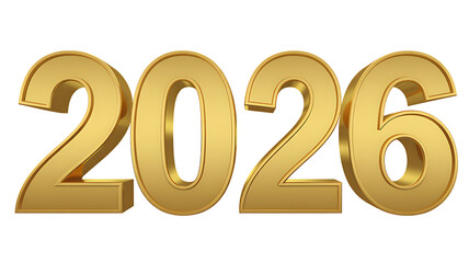 Shiny gold 3D numbers twenty six 2026 on transparent Backround
