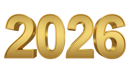 Shiny gold 3D numbers twenty six 2026 on transparent Backround