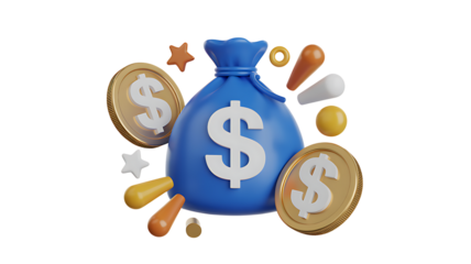 Blue money bag with coins and pills on transparent background 3D finance