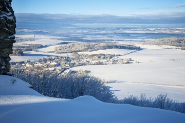 Stary Jicin castle ruins viewpoint. View of the winter landscape. Czech Republic