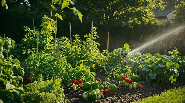 Organic vegetable garden with green plants, tomato plants, and irrigation sprinkler for watering, fresh vegetables, healthy food, and gardening.