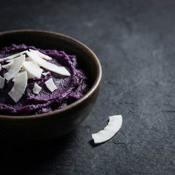 Unbranded ceramic bowl of purple ube halaya with coconut flakes on dark slate