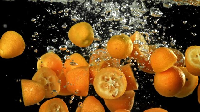 Super slow motion fresh kumquat . Filmed on a high-speed camera at 1000 fps. High quality FullHD footage