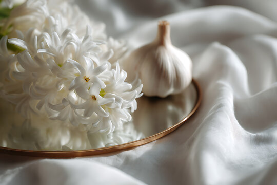 persian new year table, haft-sin set features hyacinth flowers, mirror, and garlic, with gold accents on white linen, leaving space for text