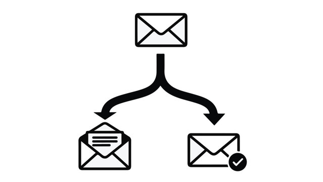 Email communication workflow with inbox and filtered messages, simple line drawing of envelopes with arrows representing email organization and management