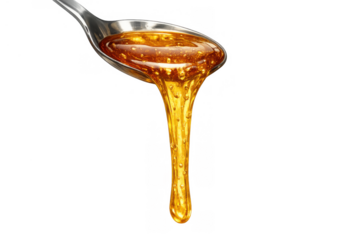 Honey or golden syrup dripping from a spoon, creating a thick stream with air bubbles, on transparent background