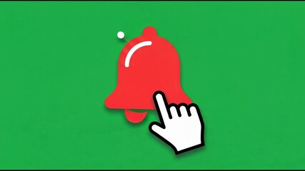 Digital engagement concept: White cursor clicking a ringing red notification bell icon against a vibrant chroma key green background.