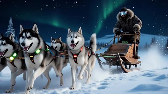 team of huskies pulls a sled with a man in the snow.