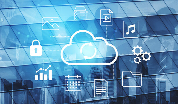 Explore a modern cloud technology concept showcasing digital icons connected in a business environment, emphasizing data storage and connectivity solutions for various enterprises. Gantry - Powered by Adobe