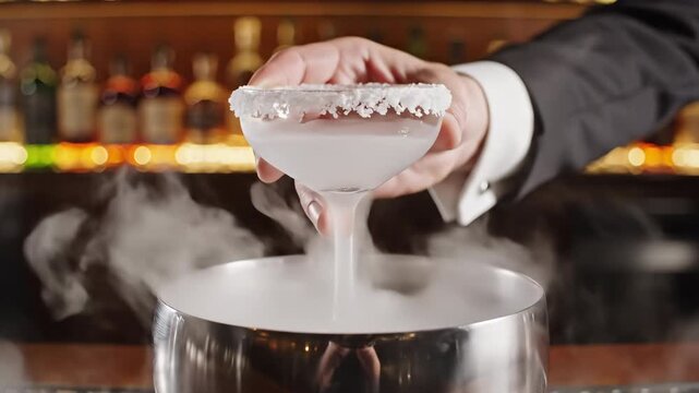 Bartender in Black Suit Prepares Cocktail in Frosted Glass with Salt Rim and Dry Ice Smoke Effects in Elegant Bar Setting with Blurred Bottles Background Soft Lighting