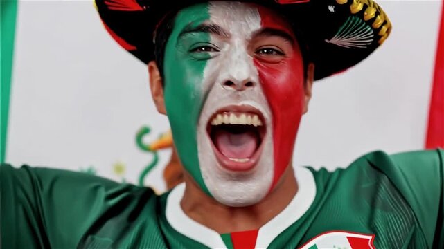Passionate Mexican soccer fan cheering excitedly with face painted in national colors and flag background vertical for patriotic sports event celebration and independence day support