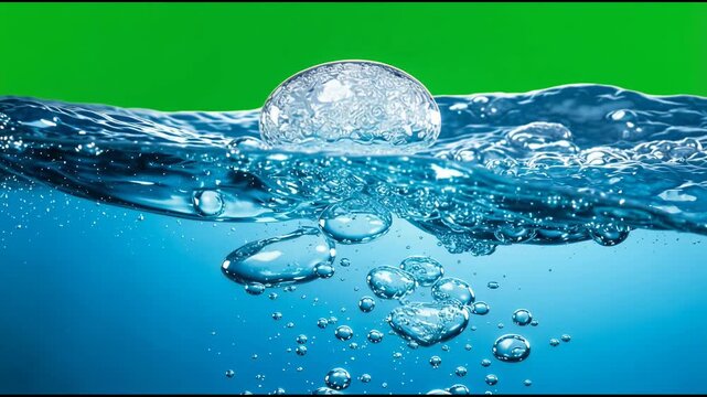 Large water bubble breaking the surface with rising bubbles beneath, set against a green chroma key background for easy compositing.