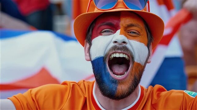 Enthusiastic Dutch soccer fan with face painted in national flag colors and orange hat cheering for his team with Netherlands flag background vertical for patriotic sports event celebration