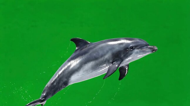 Atlantic or Pacific Striped Dolphin leaping, isolated on a vibrant chroma key green background for digital replacement