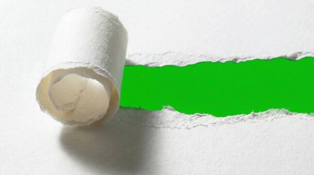 Torn white paper revealing a vivid green screen background, creating a dynamic mockup template for unveiling content or keying effects.