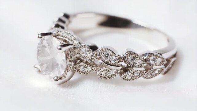Elegant silver ring with intricate leaf design and sparkling gemstones showcases a brilliant cut diamond, highlighting craftsmanship and beauty in close-up detail
